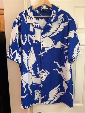 ASOS Blue and White Pegasus Print Short Sleeve Button-Down Shirt